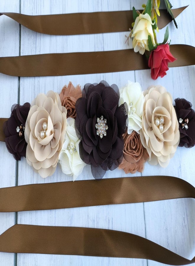 Oyabridal Brown Babyshower Sash for Mom,Maternity Flower Sash Belt for Pregnancy Photograph - Image 3